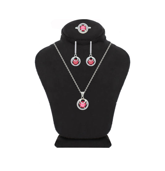 Asfour Crystal Jewelry Set With Decorative Dark Rose Round Design In 925 Sterling Silver-SD0138-O5-7