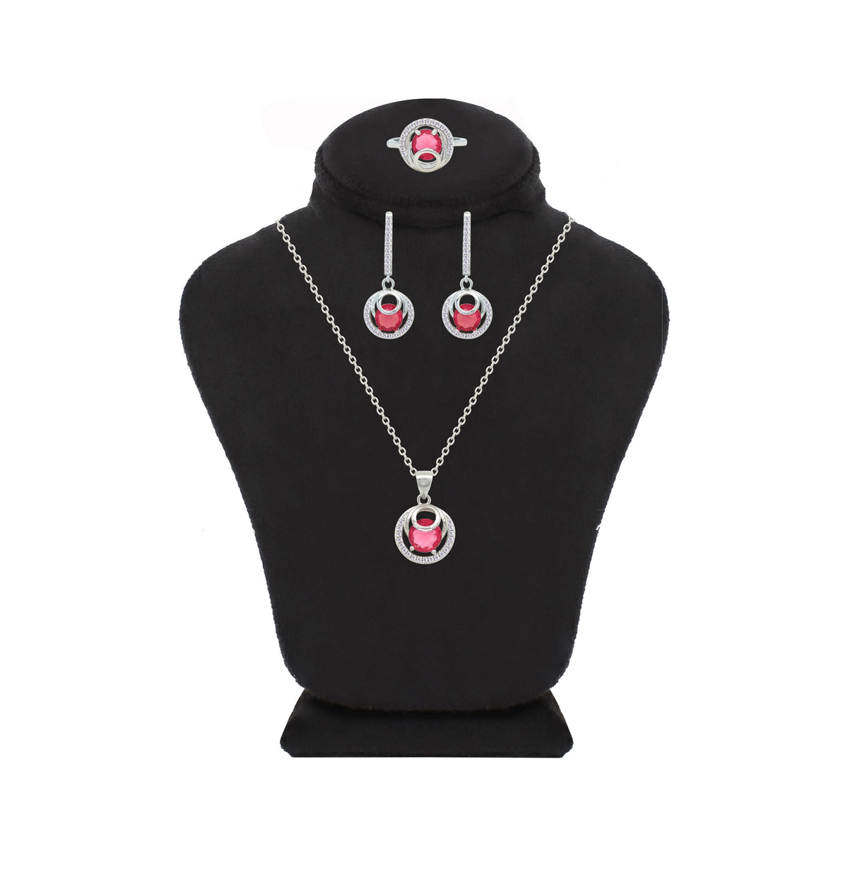 Asfour Crystal Jewelry Set With Decorative Dark Rose Round Design In 925 Sterling Silver-SD0138-O5-9