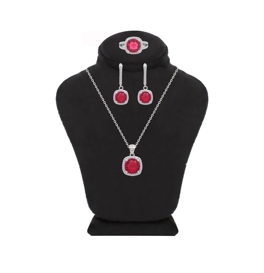 Asfour Crystal Jewelry Set With Dark Rose Square Design In 925 Sterling Silver-SD0141-O5-7