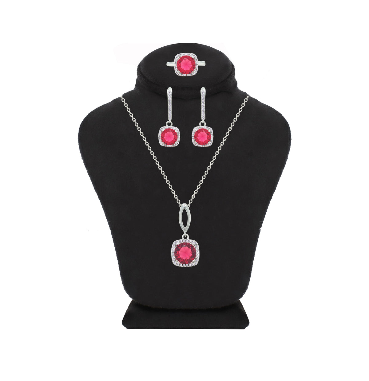 Asfour Crystal Jewelry Set With Dark Rose Square Design In 925 Sterling Silver-SD0142-O5-7