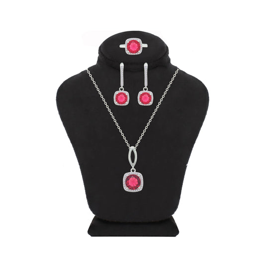 Asfour Crystal Jewelry Set With Dark Rose Square Design In 925 Sterling Silver-SD0142-O5-7