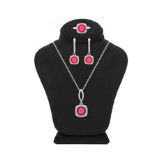 Asfour Crystal Jewelry Set With Dark Rose Square Design In 925 Sterling Silver-SD0142-O5-7