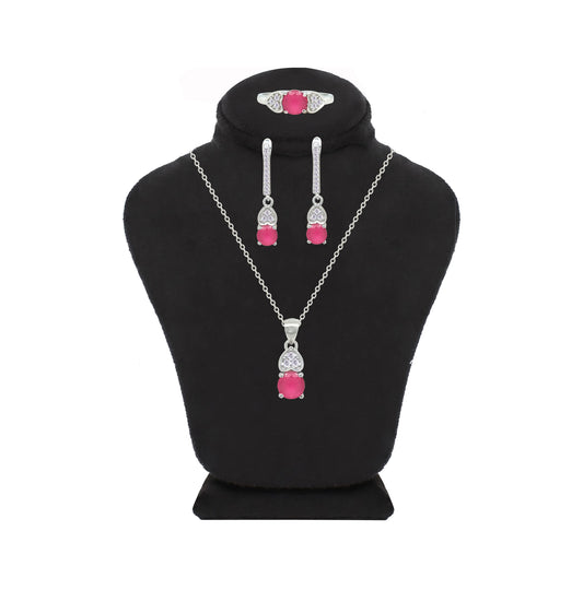 Asfour Crystal Jewelry Set With Dark Rose Heart & Round In 925 Sterling Silver-SD0144-O5-A-8