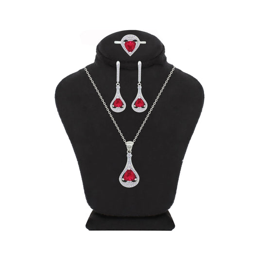 Asfour Crystal Jewelry Set With Dark Rose Tear Drop Design In 925 Sterling Silver-SD0149-O5-8