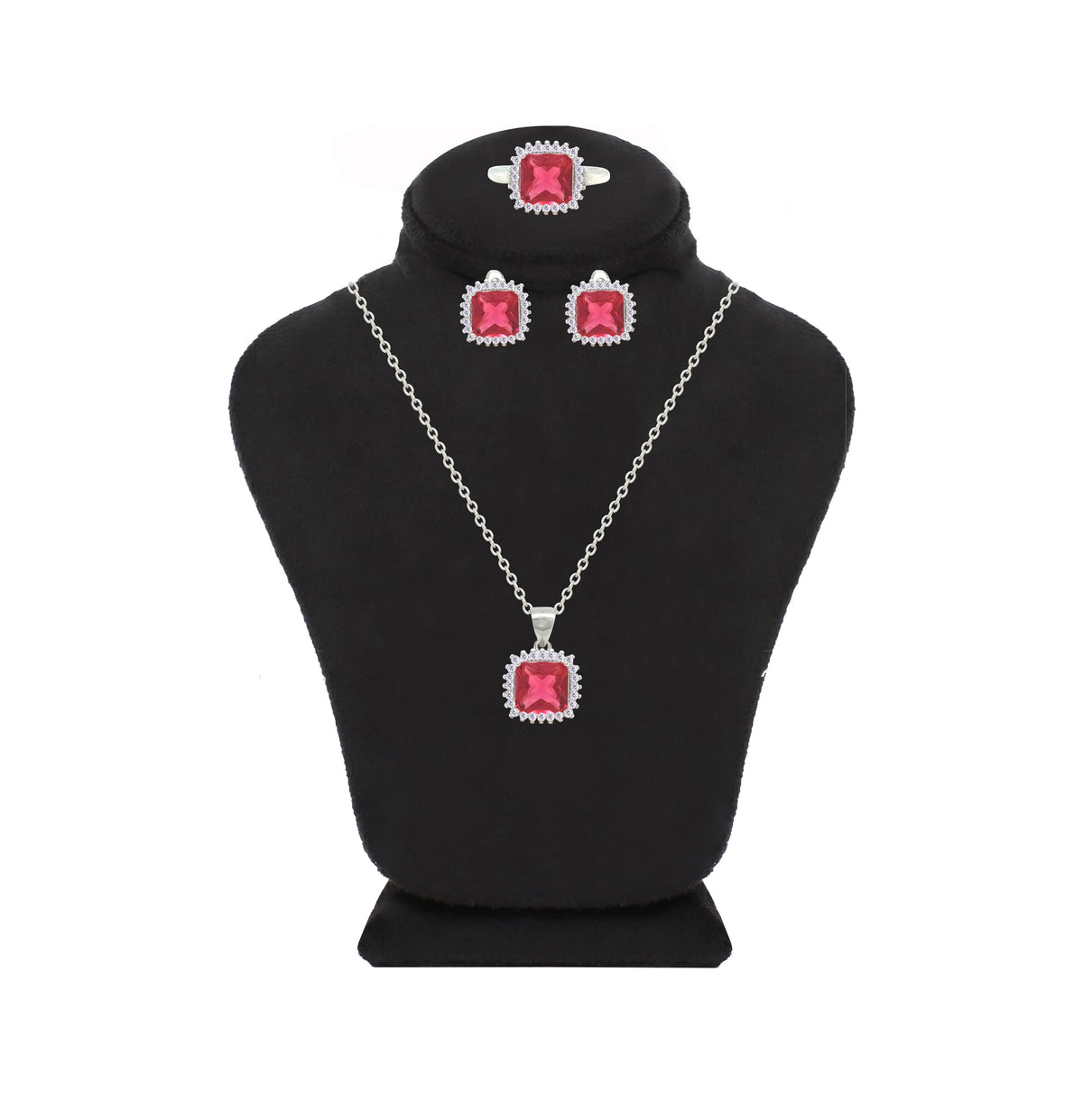 Asfour Crystal Jewelry Set With Dark Rose Square Design In 925 Sterling Silver-SD0150-O5-7