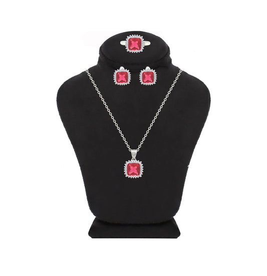 Asfour Crystal Jewelry Set With Dark Rose Square Design In 925 Sterling Silver-SD0150-O5-7