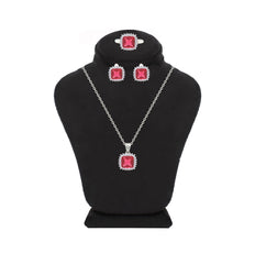 Asfour Crystal Jewelry Set With Dark Rose Square Design In 925 Sterling Silver-SD0150-O5-7