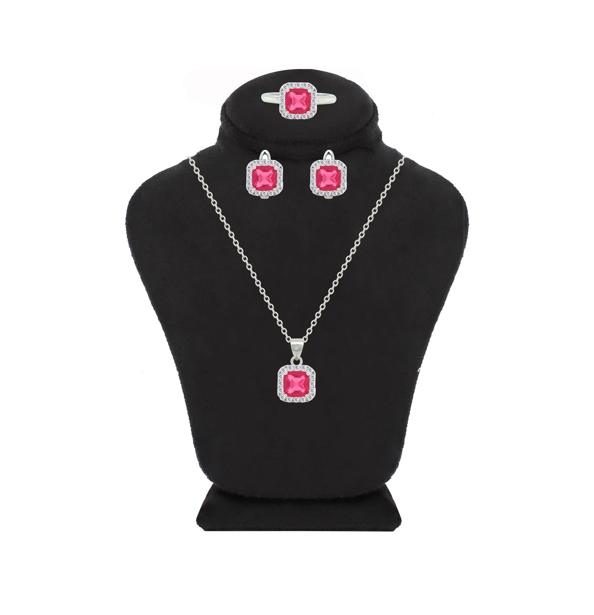 Asfour Crystal Jewelry Set With Dark Rose Square Design In 925 Sterling Silver-SD0151-O5-9