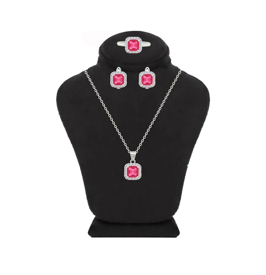 Asfour Crystal Jewelry Set With Dark Rose Square Design In 925 Sterling Silver-SD0151-O5-9