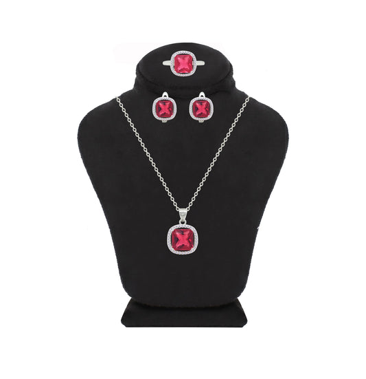 Asfour Crystal Jewelry Set With Dark Rose Square Design In 925 Sterling Silver-SD0152-O5-8