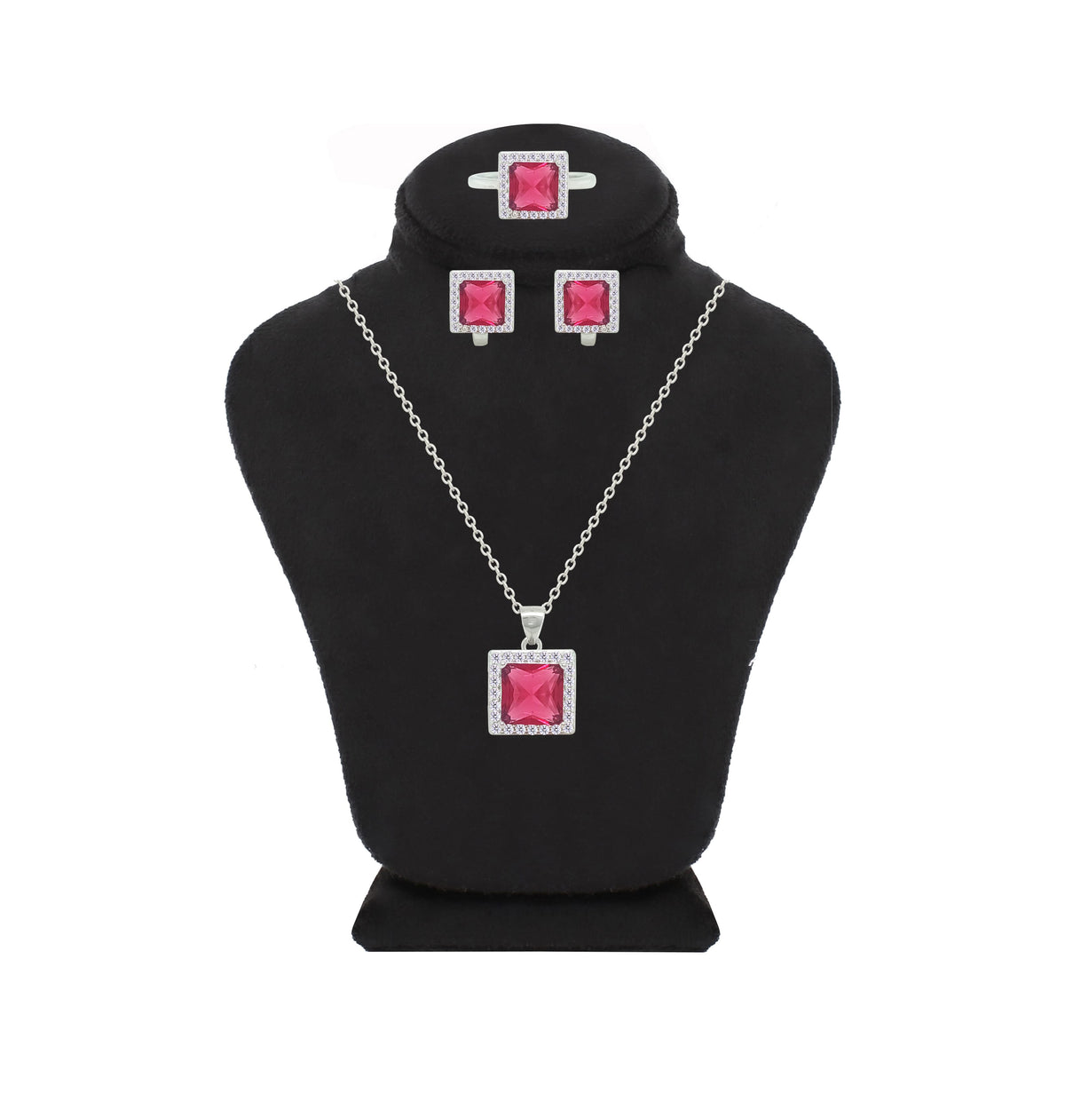 Asfour Crystal Jewelry Set With Dark Rose Square Design In 925 Sterling Silver-SD0153-O5-7