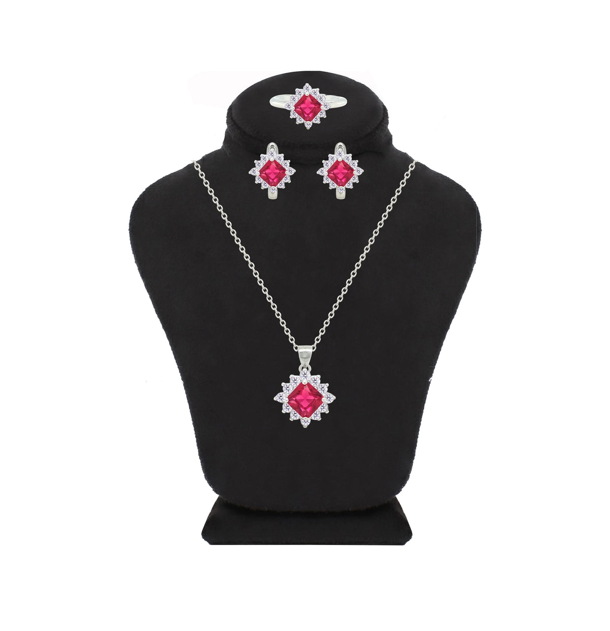 Asfour Crystal Jewelry Set With Dark Rose Square Design In 925 Sterling Silver-SD0154-O5-8
