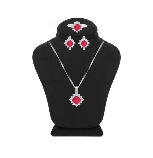 Asfour Crystal Jewelry Set With Dark Rose Square Design In 925 Sterling Silver-SD0154-O5-A-8