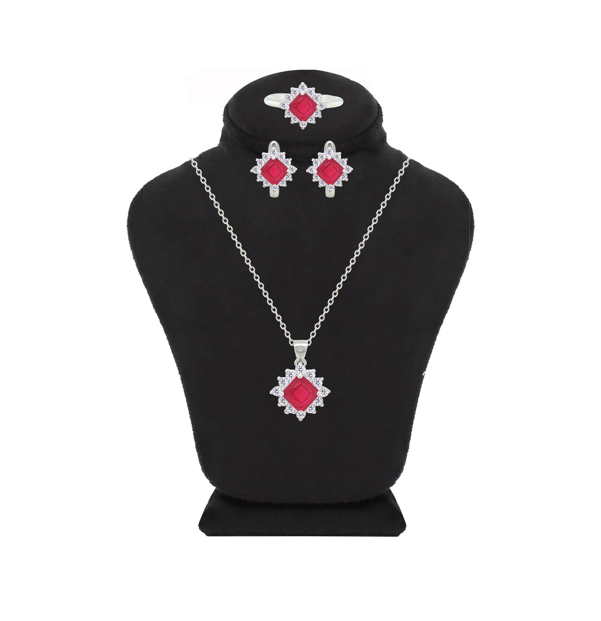 Asfour Crystal Jewelry Set With Dark Rose Square Design In 925 Sterling Silver-SD0154-O5-A-9