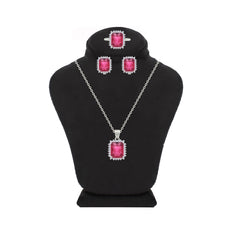 Asfour Crystal Jewelry Set With Dark Rose Emerald Design In 925 Sterling Silver-SD0155-O5-7