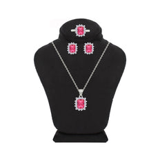 Asfour Crystal Jewelry Set With Dark Rose Emerald Design In 925 Sterling Silver-SD0156-A-O5-8