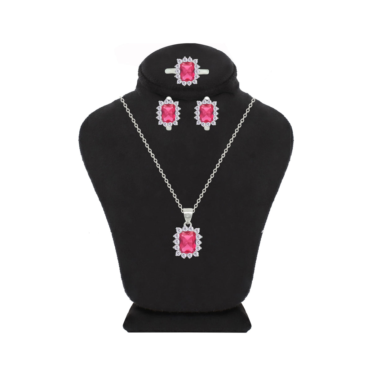 Asfour Crystal Jewelry Set With Dark Rose Emerald Design In 925 Sterling Silver-SD0156-O5-7