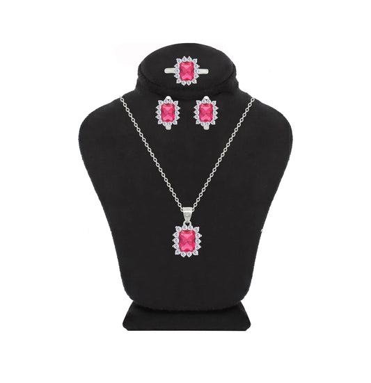 Asfour Crystal Jewelry Set With Dark Rose Emerald Design In 925 Sterling Silver-SD0156-O5-7