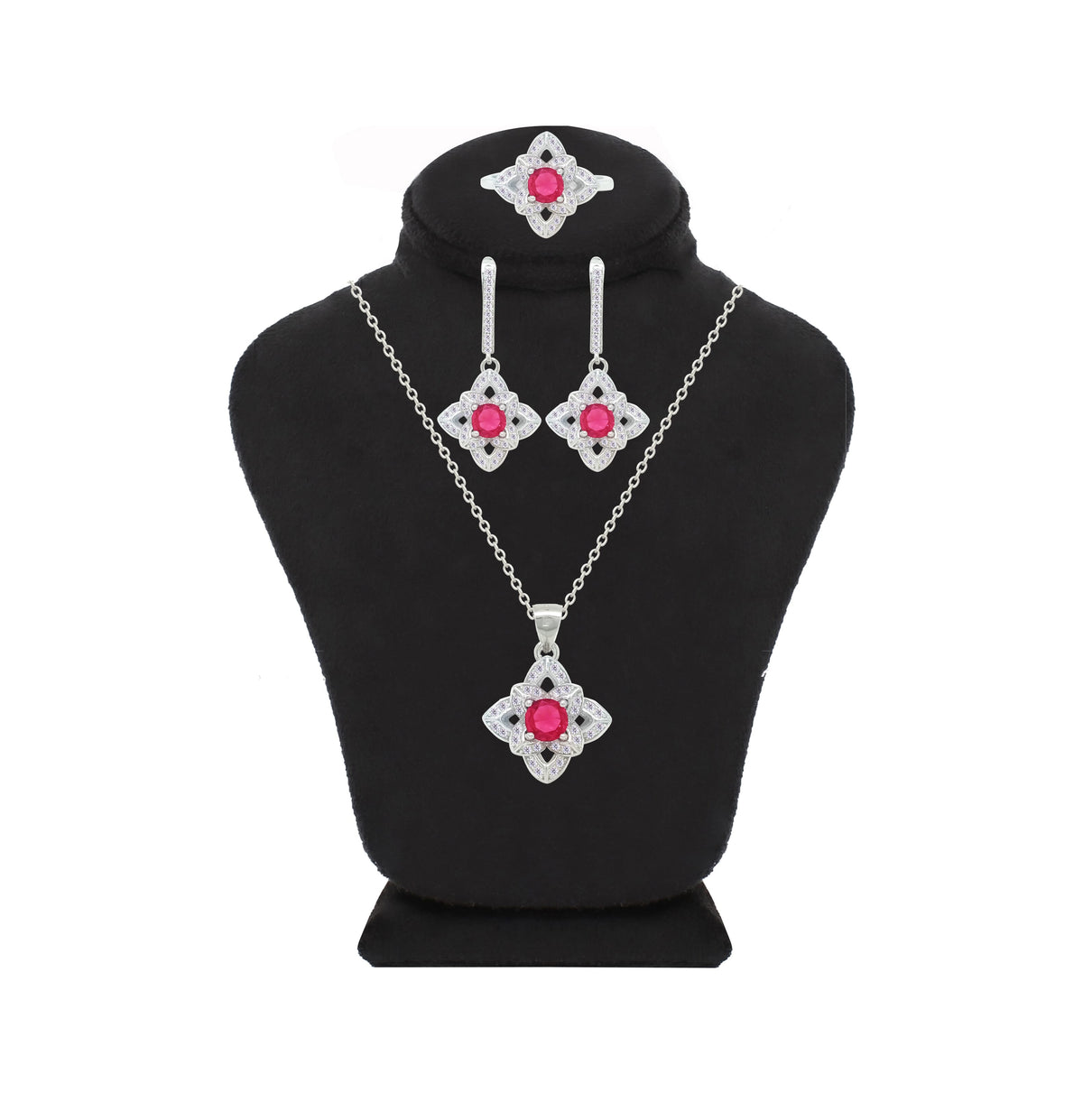 Asfour Crystal Jewelry Set With Dark Rose Flower Design In 925 Sterling Silver-SD0158-O5-7