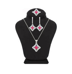 Asfour Crystal Jewelry Set With Dark Rose Flower Design In 925 Sterling Silver-SD0158-O5-8