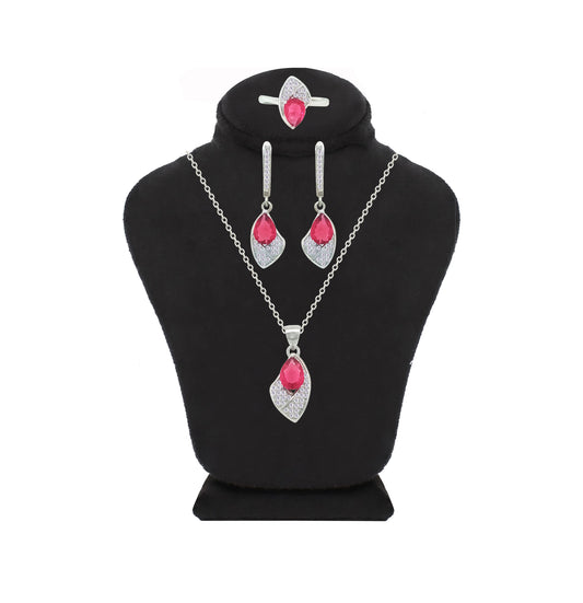 Asfour Crystal Jewelry Set With Dark Rose Pear Stones In 925 Sterling Silver-SD0166-O5-9
