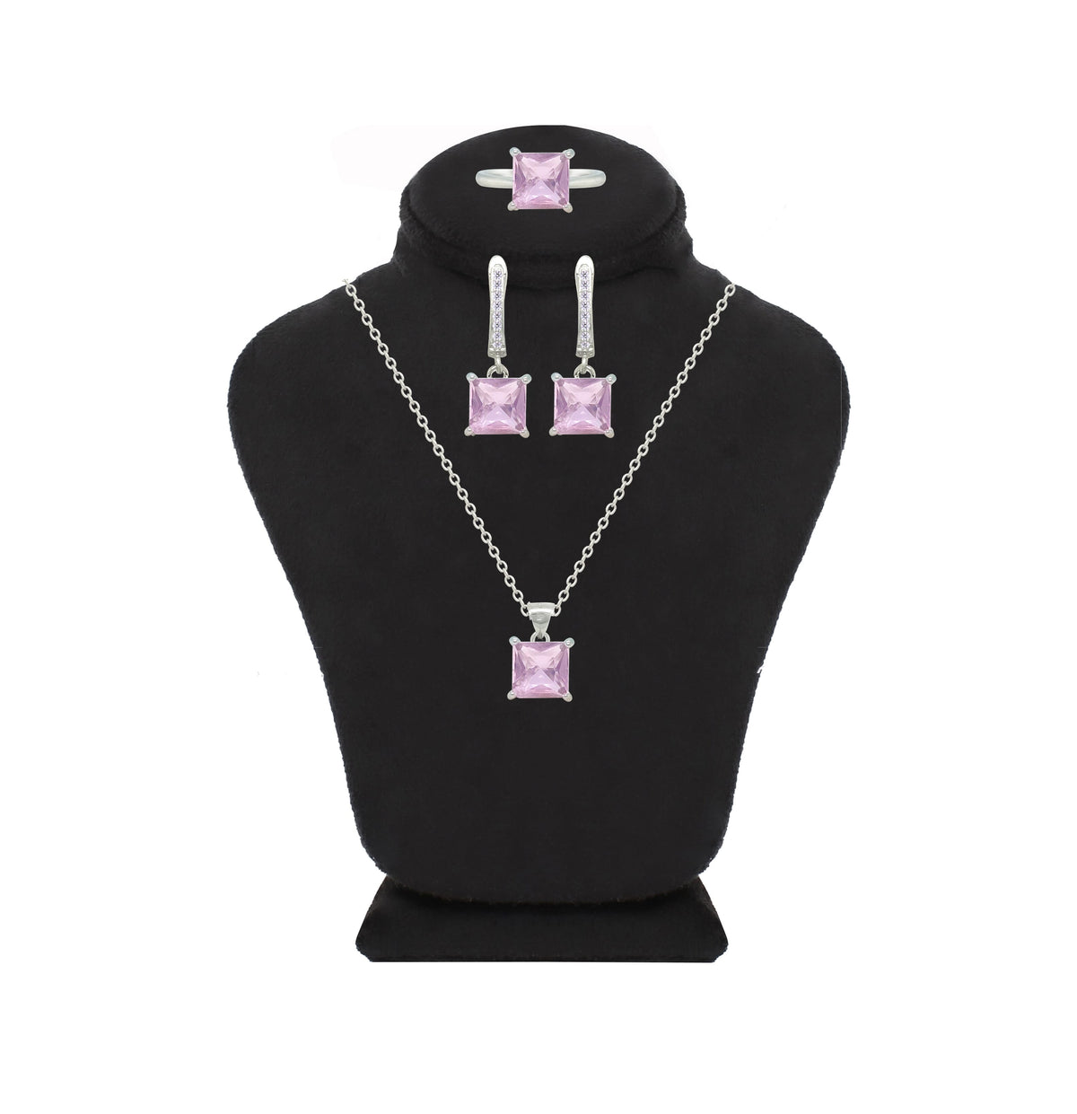 Asfour Crystal Jewelry Set With Rose Square Design In 925 Sterling Silver-SD0177-O-7