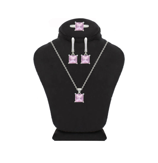 Asfour Crystal Jewelry Set With Rose Square Design In 925 Sterling Silver-SD0177-O-7