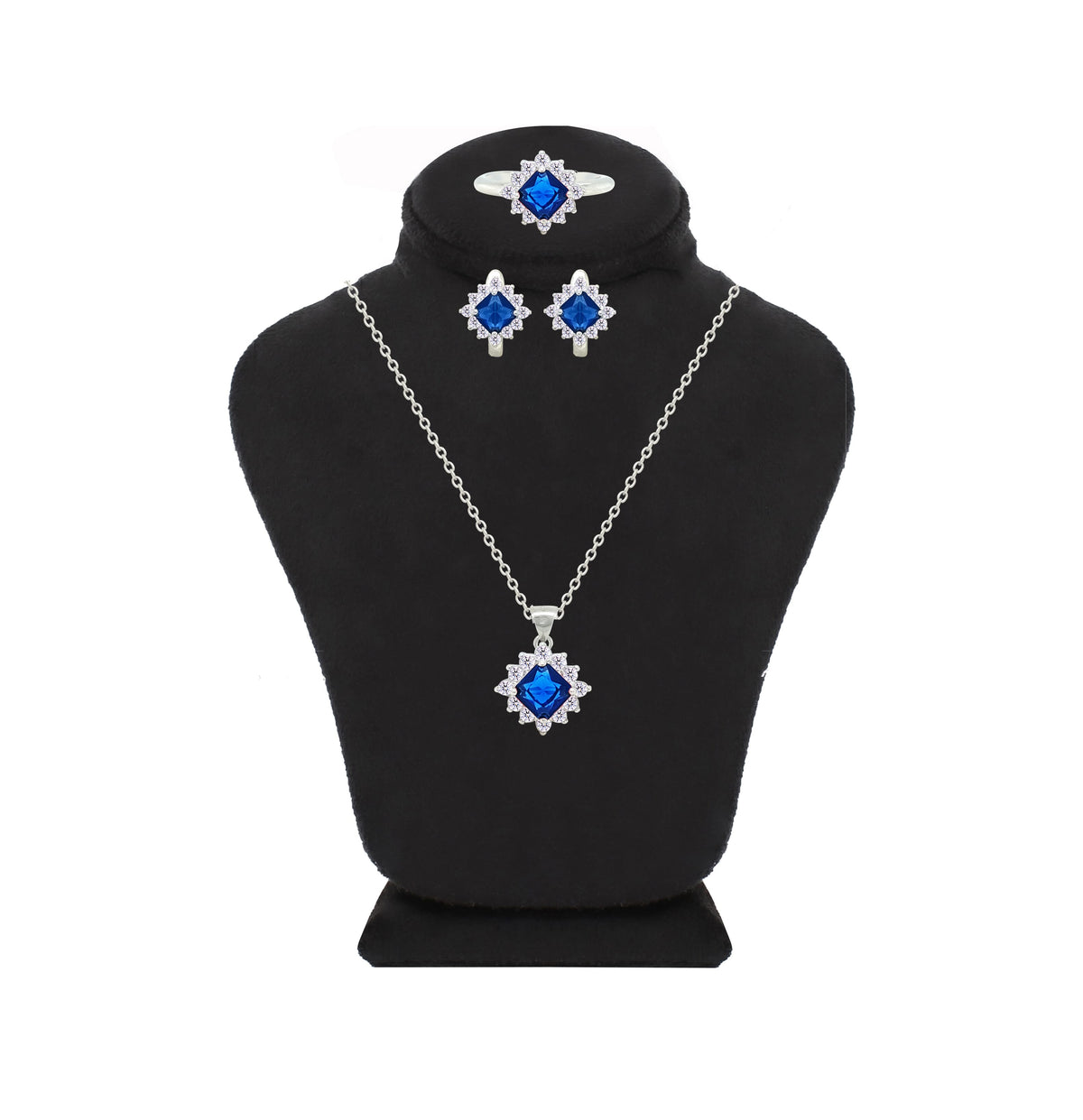 Asfour Crystal Jewelry Set With Blue Square Design In 925 Sterling Silver-SD0178-B-9