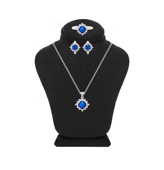 Asfour Crystal Jewelry Set With Blue Square Design In 925 Sterling Silver-SD0178-B-9