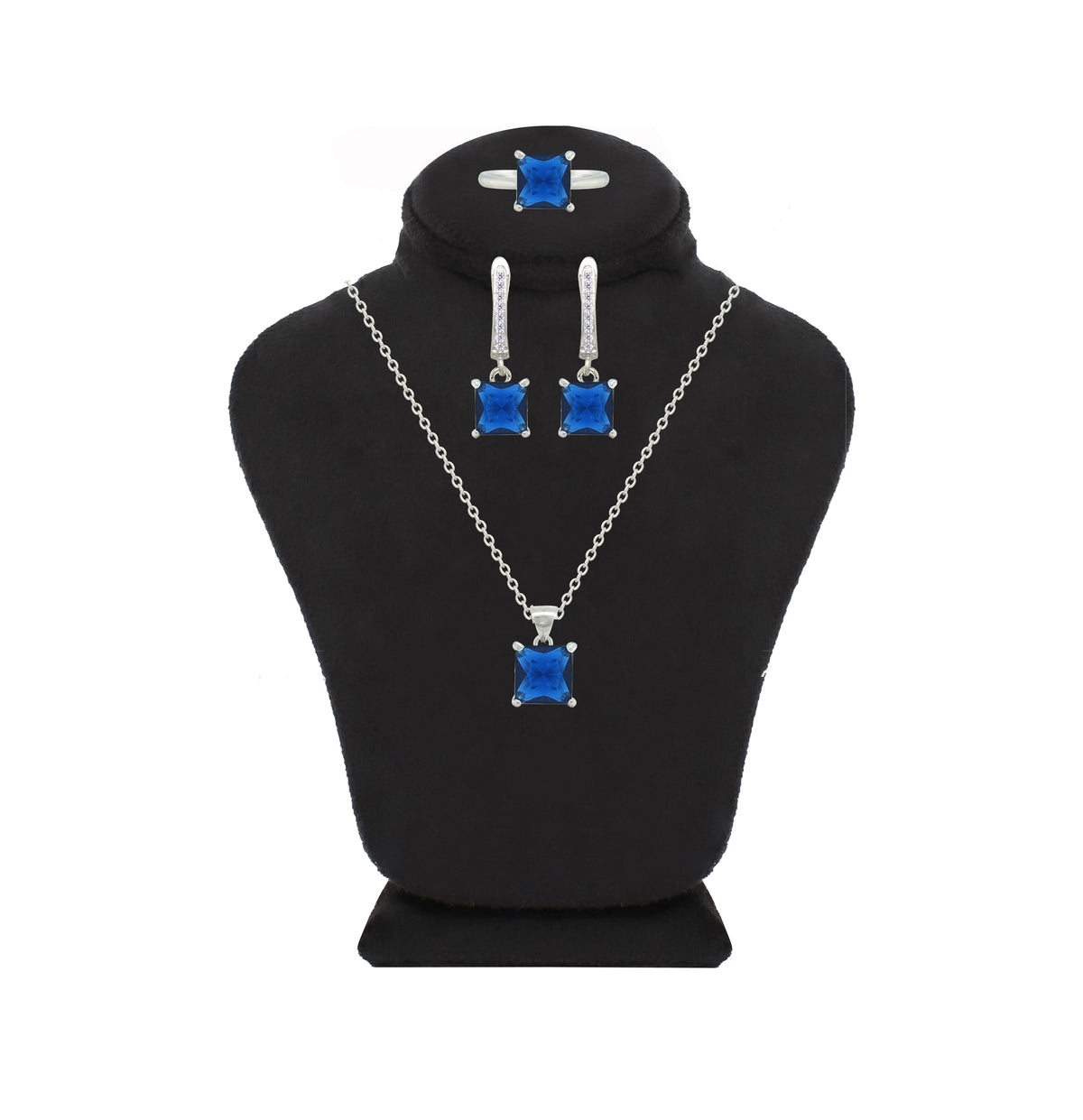Asfour Crystal Jewelry Set With Blue Square Design In 925 Sterling Silver-SD0179-B-8