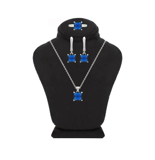 Asfour Crystal Jewelry Set With Blue Square Design In 925 Sterling Silver-SD0179-B-8