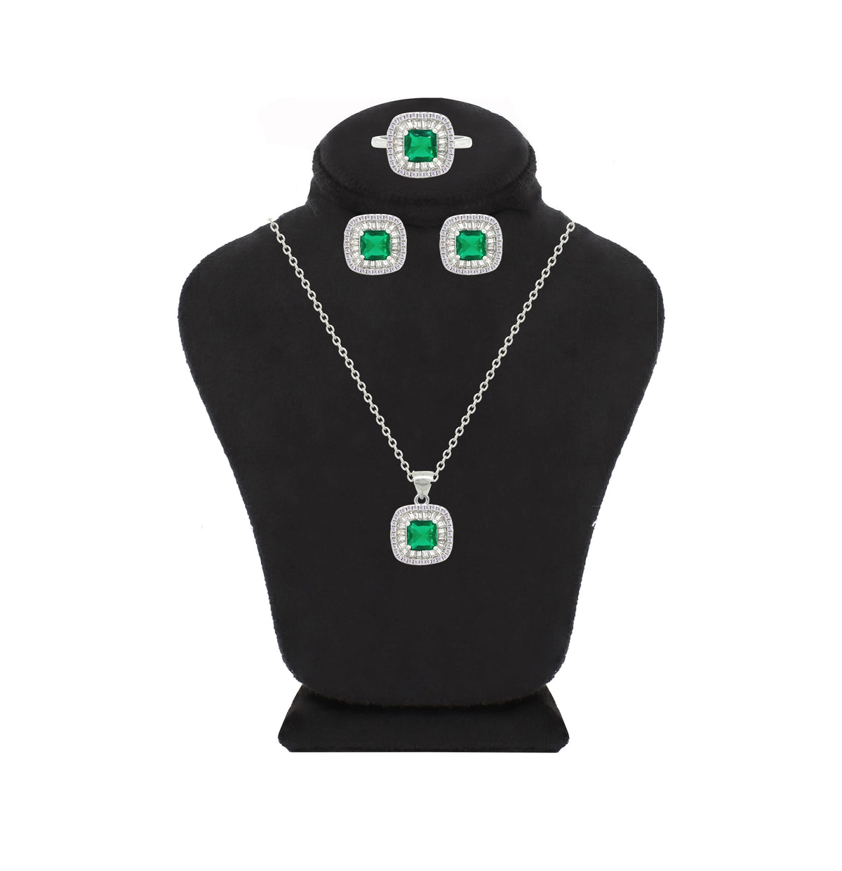 Asfour Crystal Jewelry Set With Emerald Square Design In 925 Sterling Silver-SD0181-G-7