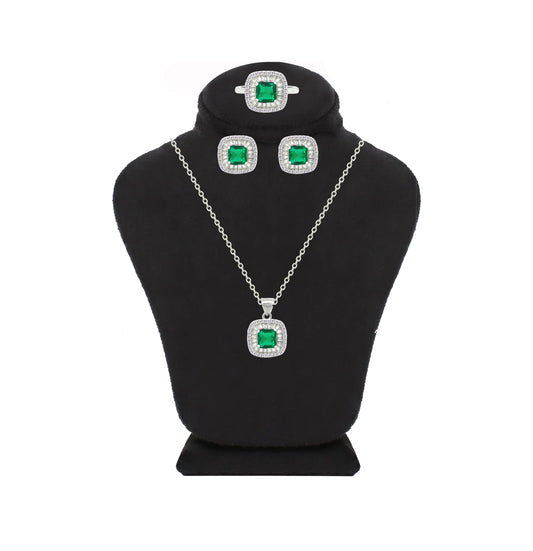 Asfour Crystal Jewelry Set With Emerald Square Design In 925 Sterling Silver-SD0181-G-7
