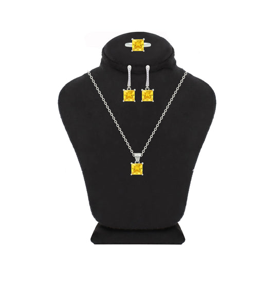 Asfour Crystal Jewelry Set With Yellow Square Design In 925 Sterling Silver-SD0184-Y-8