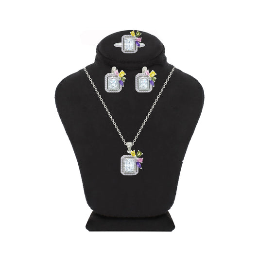 Asfour Crystal Jewelry Set With Multi Color Emerald Design In 925 Sterling Silver-SD0195-K-9