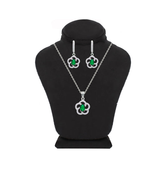 Asfour Crystal Jewelry Set With Emerald Floral Design In 925 Sterling Silver-SD0200-G