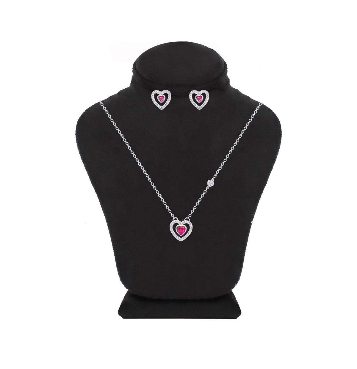 Asfour Crystal Jewelry Set Of Necklace & Earrings With Fuchsia Heart Design In 925 Sterling Silver -SM0016-F