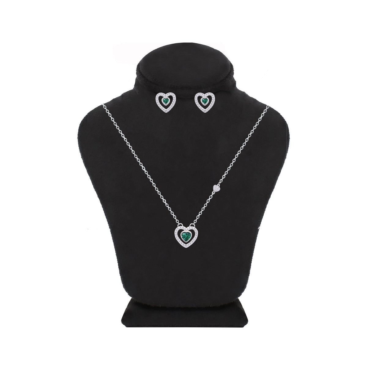 Asfour Crystal Jewelry Set Of Necklace & Earrings With Emerald Heart Design In 925 Sterling Silver -SM0016-G