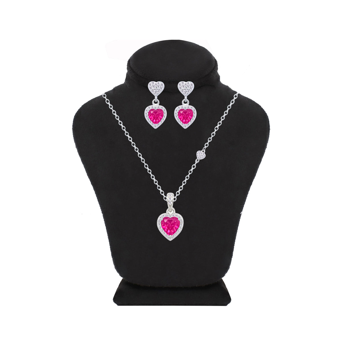 Asfour Crystal Jewelry Set With Fuchsia Heart Design In 925 Sterling Silver -SM0017-F