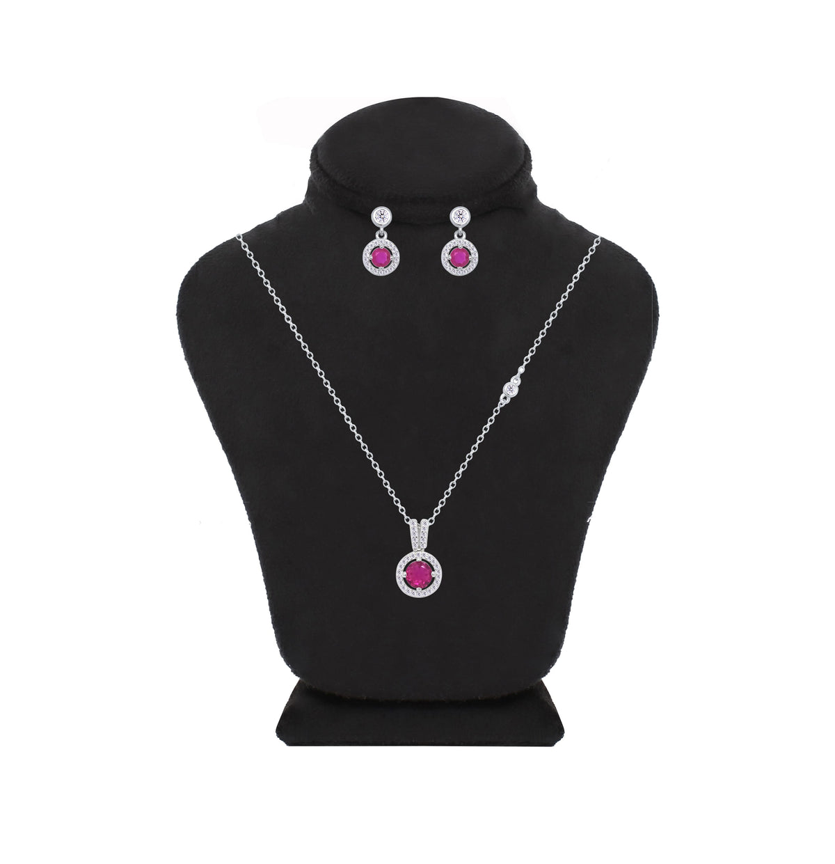 Asfour Crystal Jewelry Set Of Necklace & Earrings With Fuchsia Round Design In 925 Sterling Silver -SM0018-F