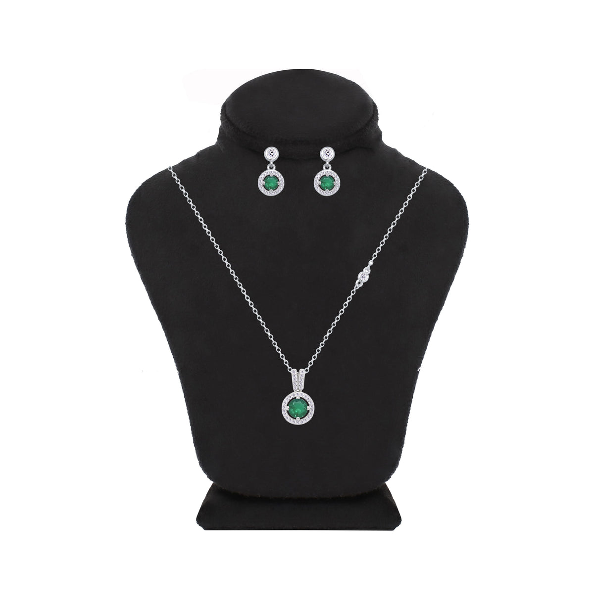 Asfour Crystal Jewelry Set Of Necklace & Earrings With Emerald Round Design In 925 Sterling Silver -SM0018-G