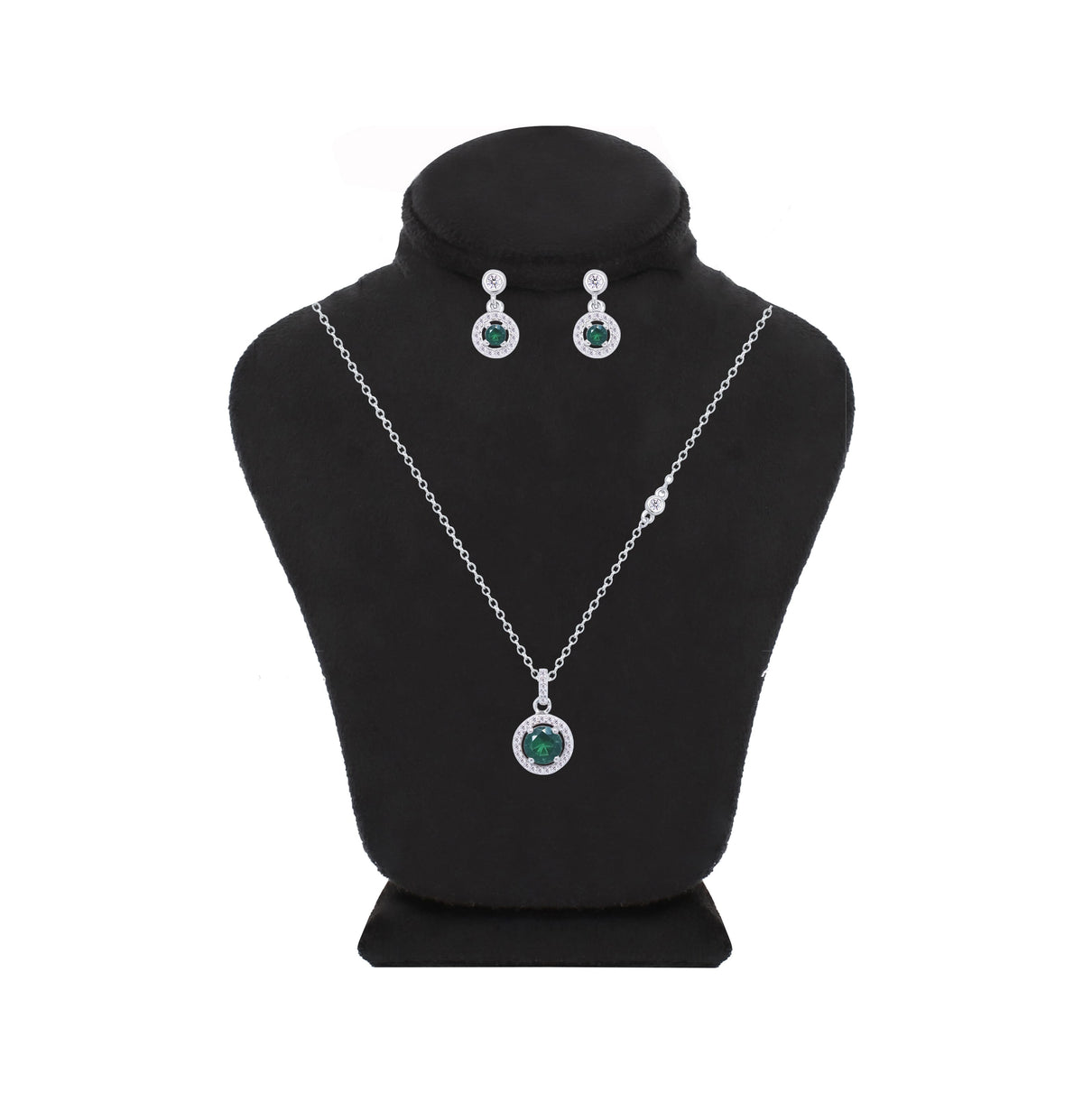 Asfour Crystal Jewelry Set Of Necklace & Earrings With Emerald Round Design In 925 Sterling Silver -SM0019-G