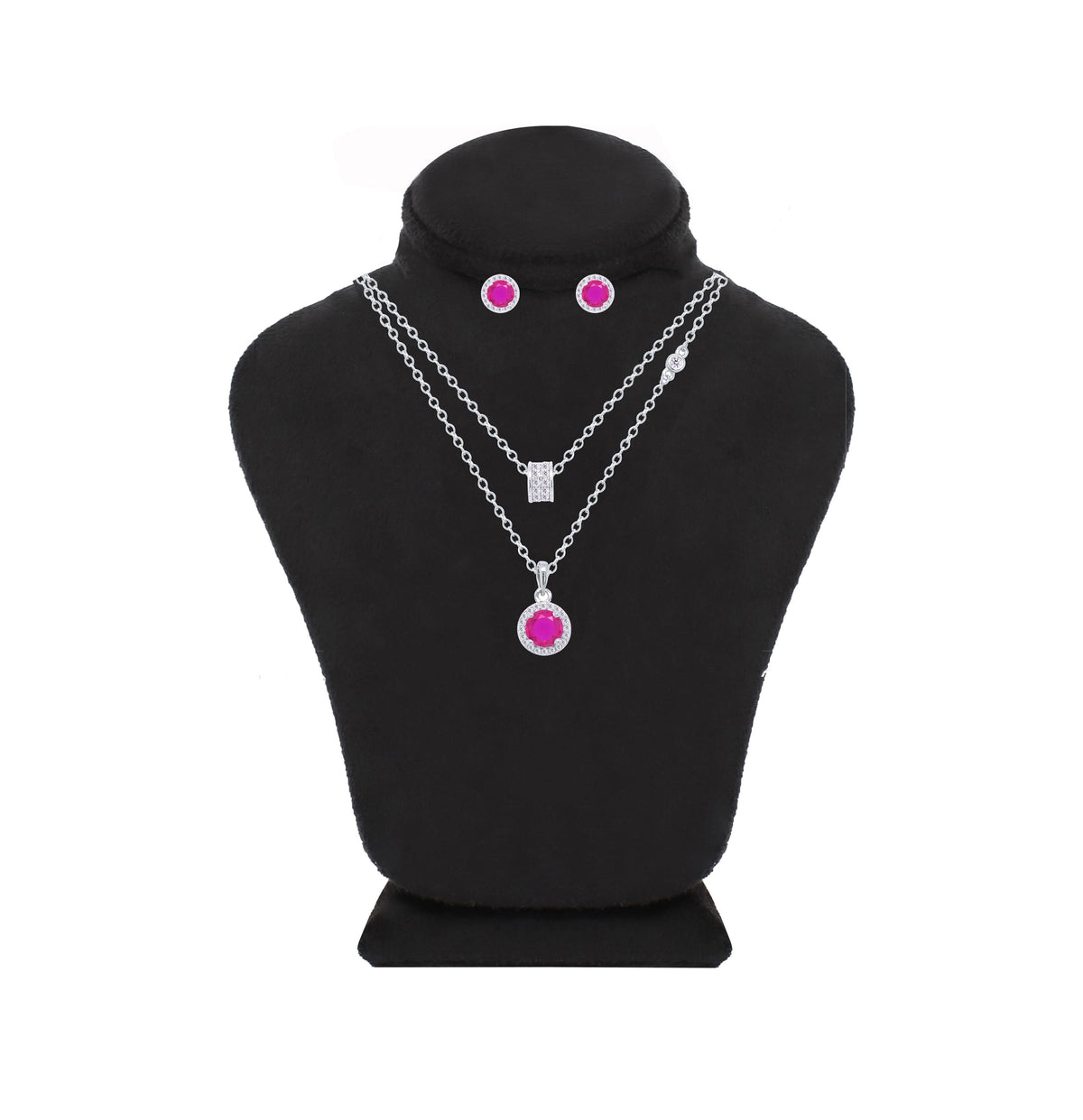Asfour Crystal Jewelry Set Of Necklace & Earrings With Fuchsia Round Design In 925 Sterling Silver -SM0021-F