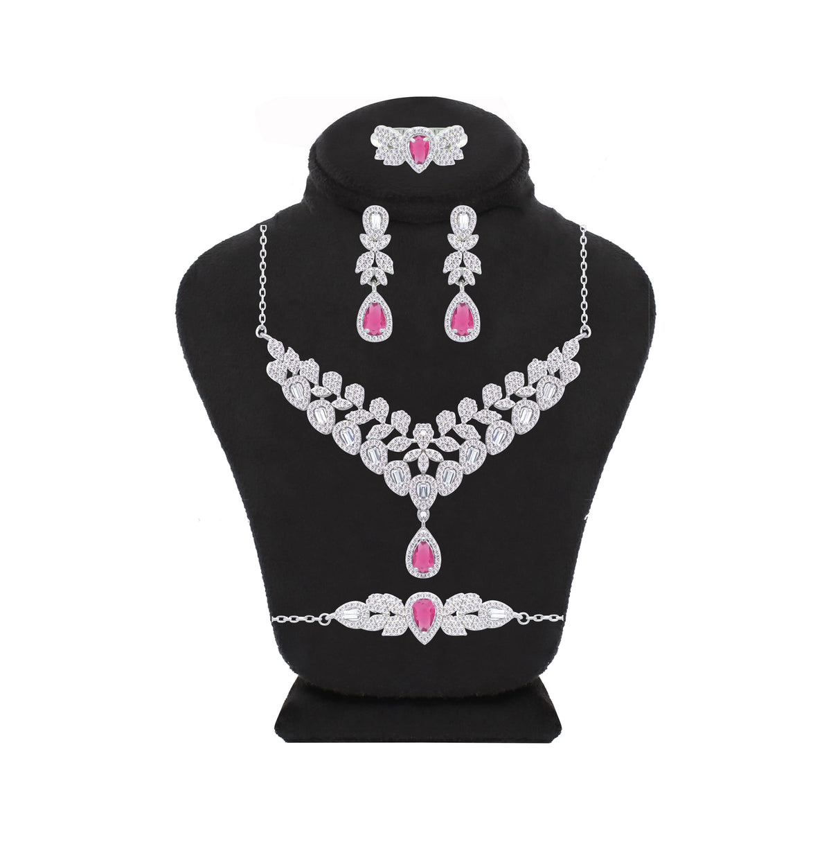 Asfour Crystal Jewelry Set With Fuchsia Art Deco Design In 925 Sterling Silver -SM0024-WF-7
