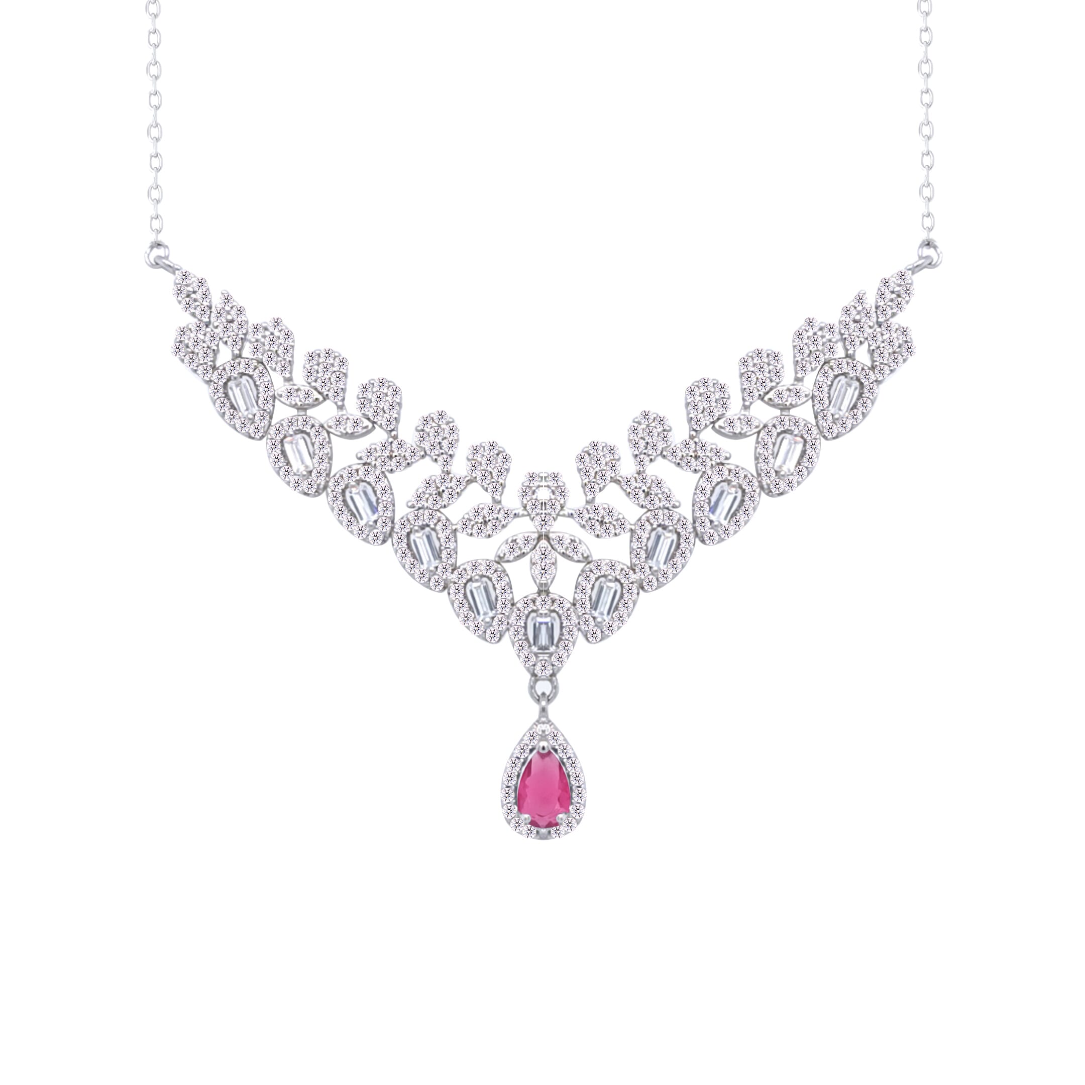 Asfour Crystal Jewelry Set With Fuchsia Art Deco Design In 925 Sterling Silver -SM0024-WF-7