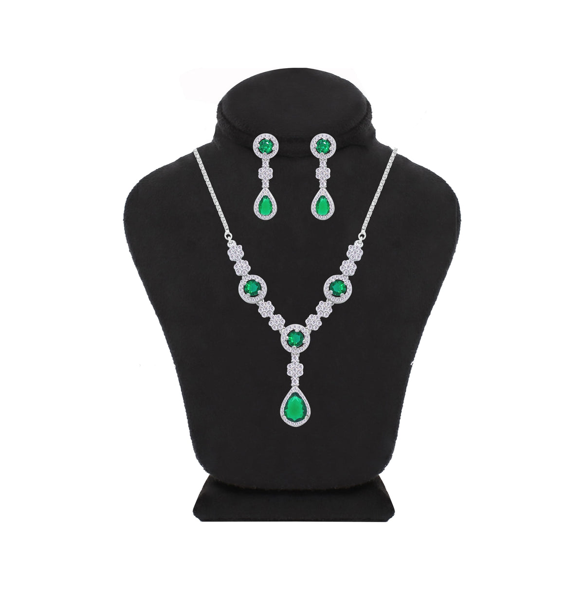 Asfour Crystal jewelry Set With Emerald Round & Pear Design Inlaid With Zircon In 925 Sterling Silver-SM0038-WG
