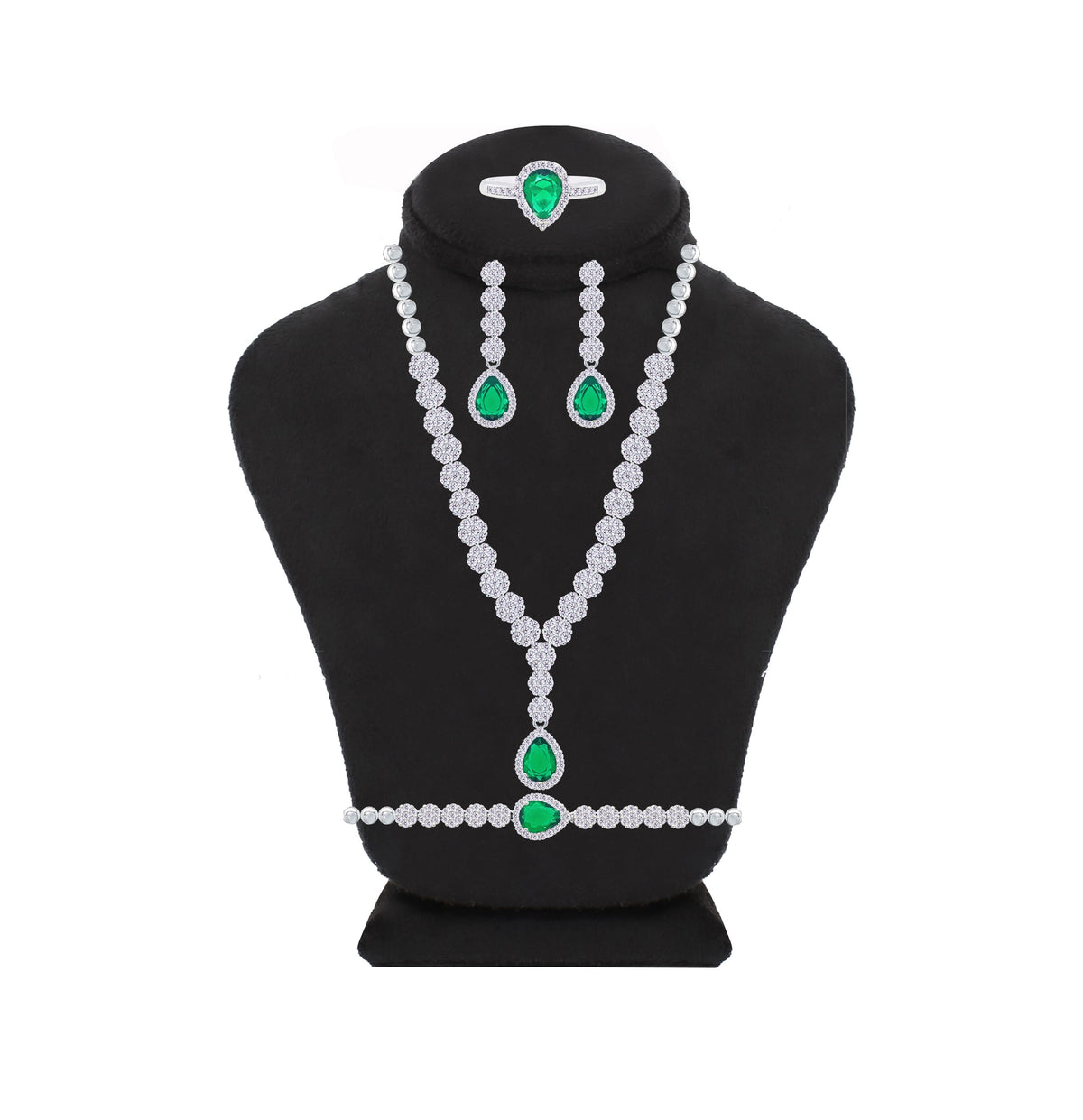 Asfour Crystal jewelry Set With Emerald Round & Pear Design Inlaid With Zircon In 925 Sterling Silver-SM0047-WG-8