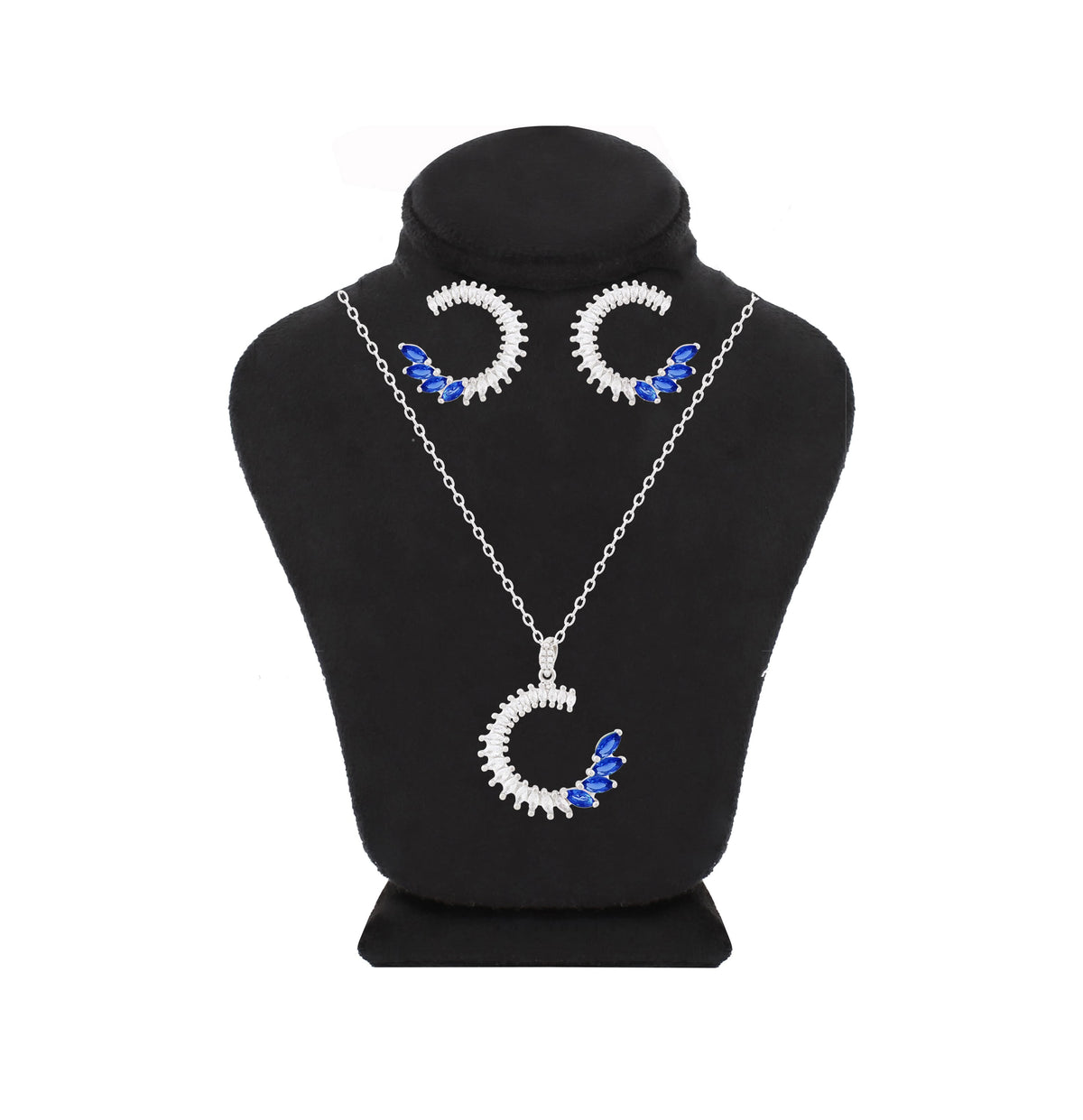 Asfour Crystal 925 Sterling Silver Necklace & Earrings With Decorative Design Inlaid With Clear & Blue Zircon Stones SR0102-B