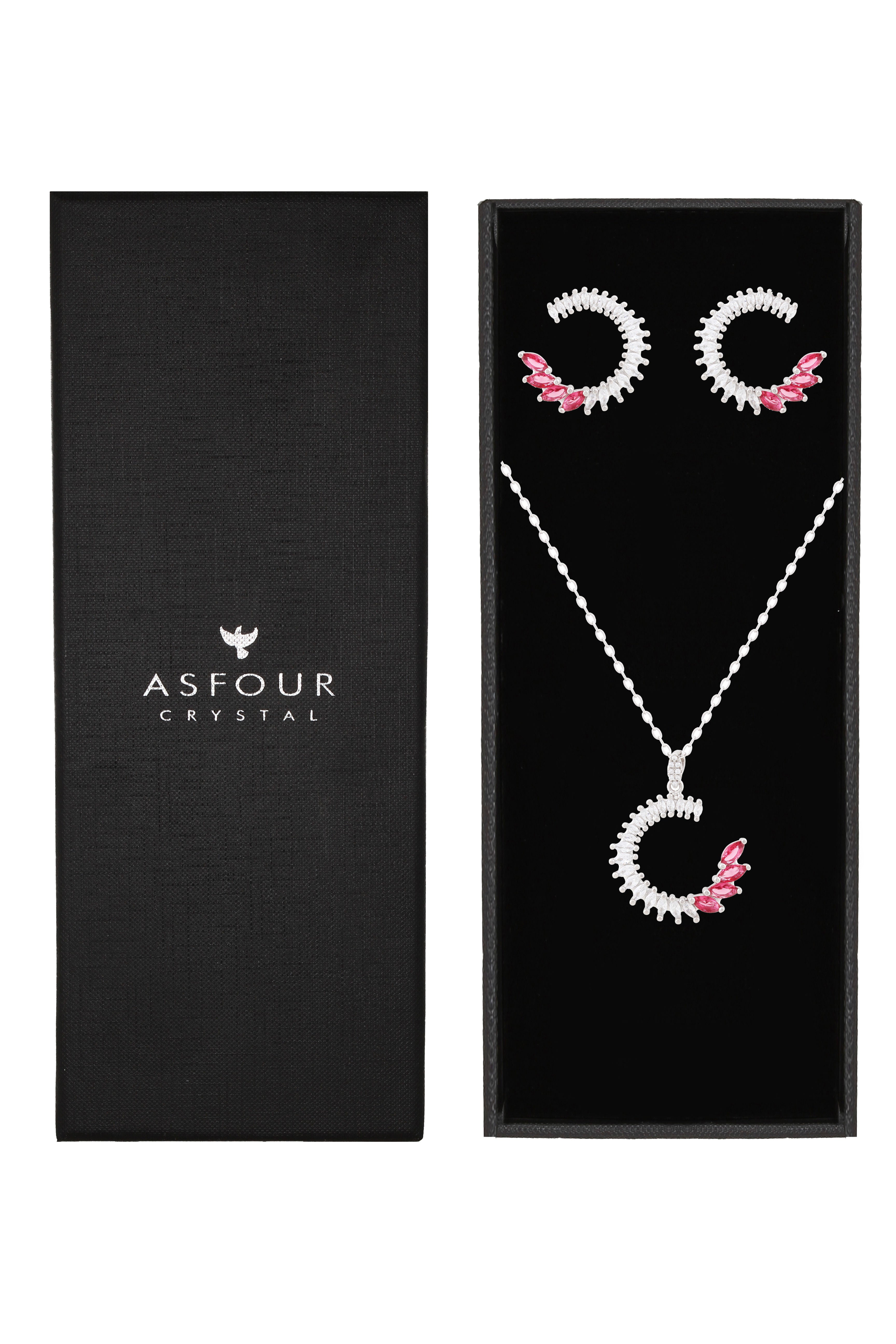 Asfour Crystal 925 Sterling Silver Necklace & Earrings With Decorative Design Inlaid Zircon Stones SR0102-F