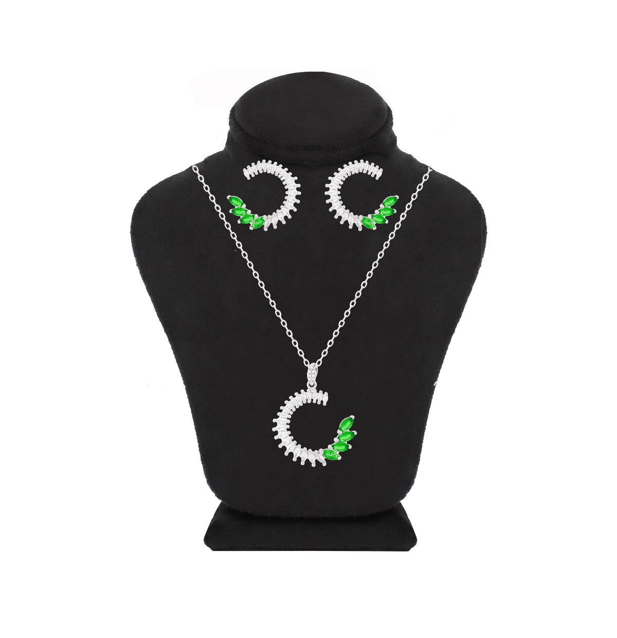 Asfour Crystal 925 Sterling Silver Necklace & Earrings With Decorative Design Inlaid With Clear & Green Zircon Stones SR0102-G